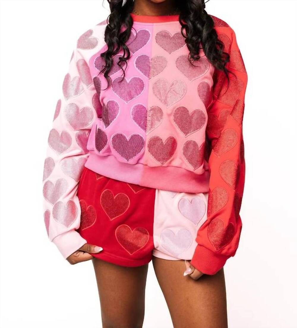 NEW QUEEN OF SPARKLES colorblock rhinestone hearts sweatshirt in pink, red